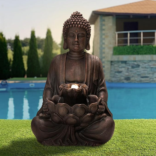 Glitzhome Buddha Fountain with Pump & LED Light, 2 Tier Zen Style Meditating Buddha Water Fountain Outdoor Fountains and Waterfalls Floor Fountains Buddhas Statues for Garden Patio Backyard 23.25" H