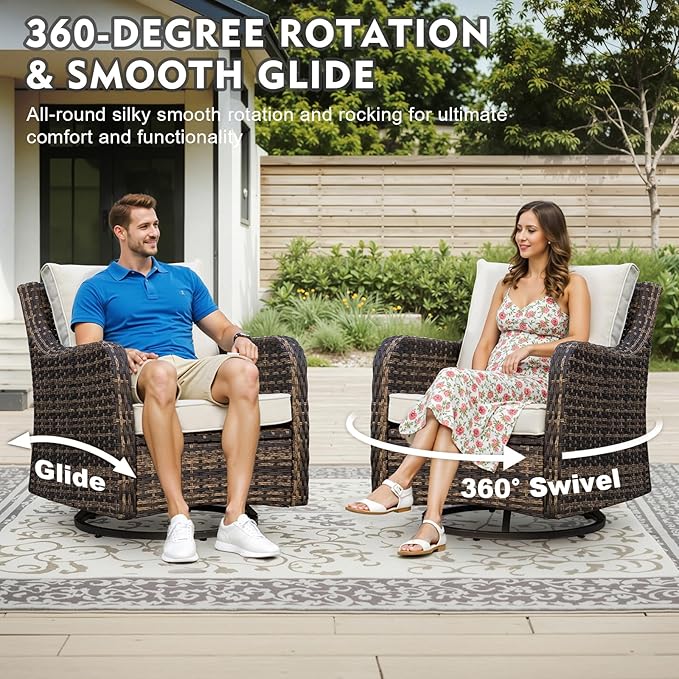 MEISSALIVVE 7 Pieces Outdoor Patio Furniture Set with Swivel Chairs, Wicker Patio Conversation Set, Patio Sectional Furniture Set with with Loveseat, 2 Ottomans and Dining Table (Brown)