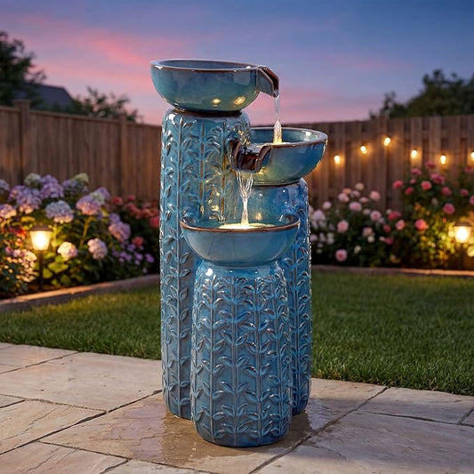 28" H Ceramic Outdoor Water Fountain with LED Lights, 3-Tier Cascading Bowls Water Feature, Tranquil Waterfall for Relaxing Garden, Patio, Yard, or Porch, Turquoise, Embossed Leaf Patterns