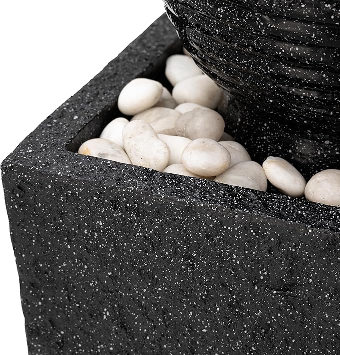 Glitzhome Outdoor Water Fountain with LED Light, Oversized Decorative Black Pedestal Water Fountains with Submersible Pump, Modern Sphere Floor Fountain with Pebbles for Garden Patio Decor, 40.25" H