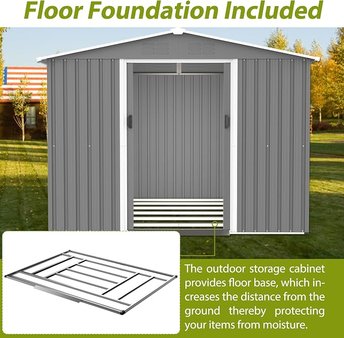 YOPTO 8X6 FT Outdoor Storage Shed with Roof,Waterproof House Tool Cabinet W/Metal Foundation & Lockable Doors,for Shovels,Umbrellas,Antennas,Escalators,Gray - Image 6