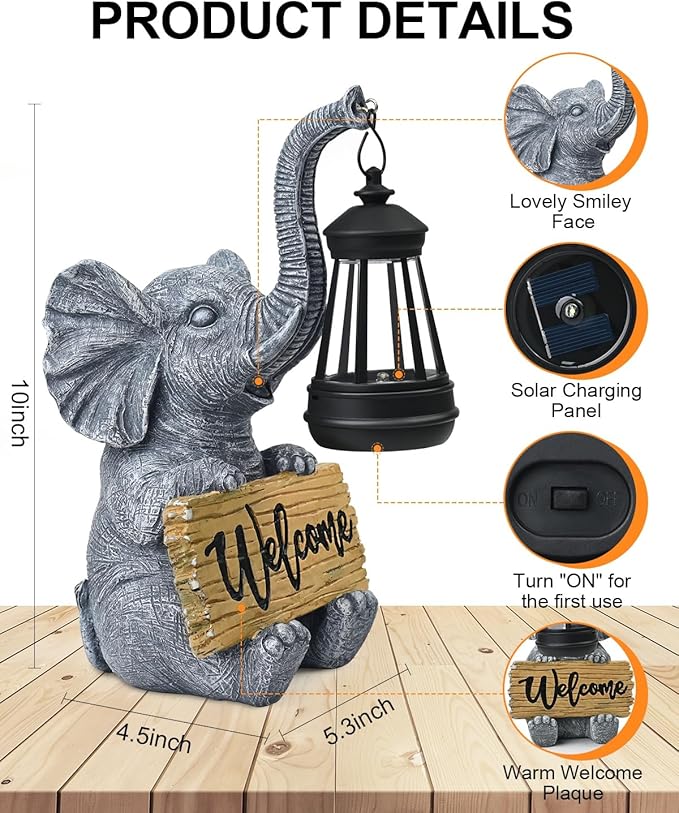 Outdoor Elephant Statues Solar Garden Decor Lights - Elephant Decoration for Garden, Balcony, Patio, Yard, Lawn - Housewarming, Fathers Day, Unique Birthday Gifts for Women Mom Grandma(Black)