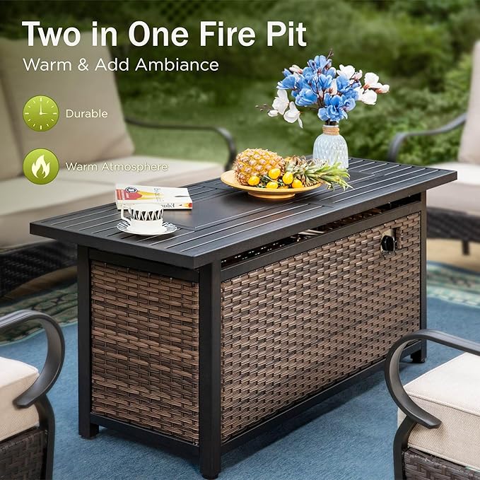 PHI VILLA Patio Furniture Set with 56" Fire Pit Table, Premium Outdoor Wicker Metal Frame Furniture with Upgraded Waterproof Thick Cushions for Porch, Poolside, Deck, and Yard （5 Pieces, Blue
