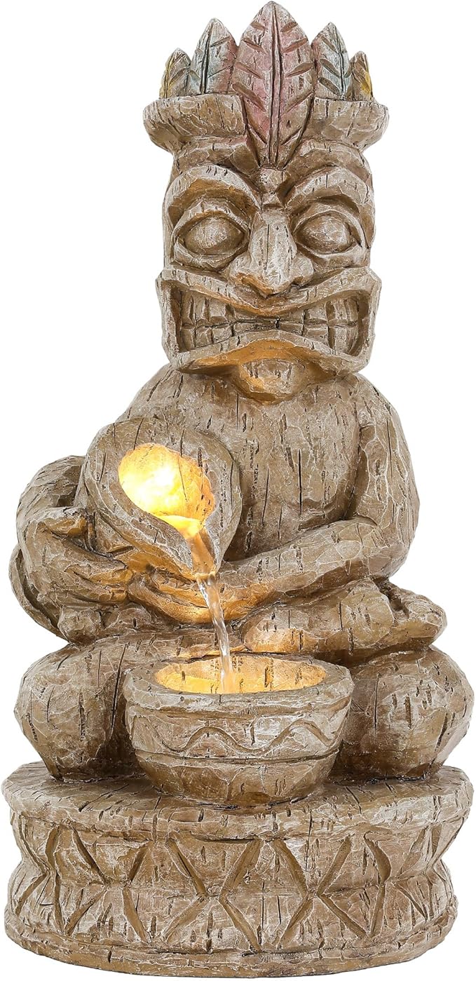23" Tiki Outdoor Water Fountain, 2-Tier Water Feature with LED Lights, Soothing Cascading Waterfall for Tranquile, Relaxing, Meditative Patio, Backyard, Garden or Porch