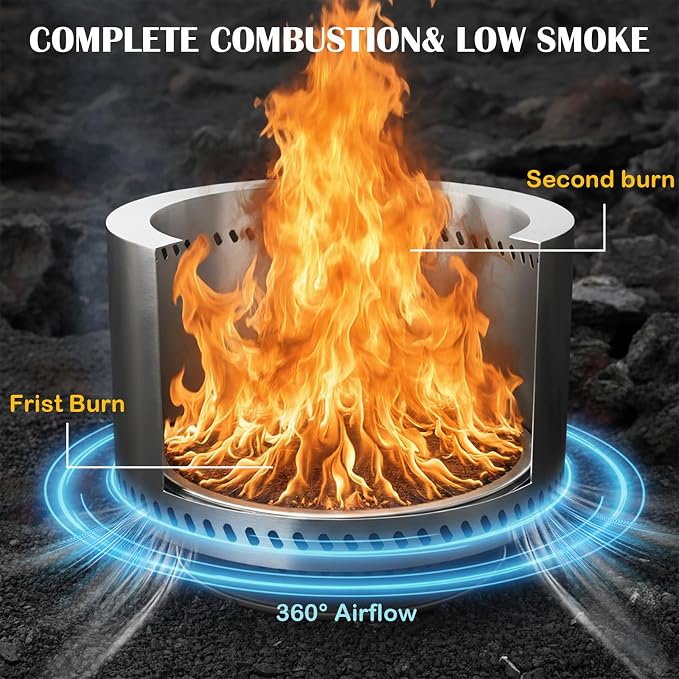 19.5 Inch Smokeless Fire Pit, VivaGarden Outdoor Wood Burning Fire Pit with Carry Bag, Stainless Steel Firepit for Camping, Backyard, Patio, Bonfire & Garden Gatherings (Silver) - Image 2