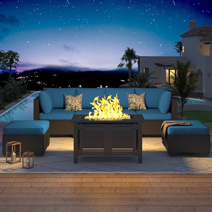 U-MAX 7 Piece Outdoor Patio Furniture Set with Extra 43 Inch Fire Pit Table, PE Rattan Wicker Sofa Set, Outdoor Sectional Furniture Chair Set with Tea Table, Black Rattan and Peacock Blue Cushion