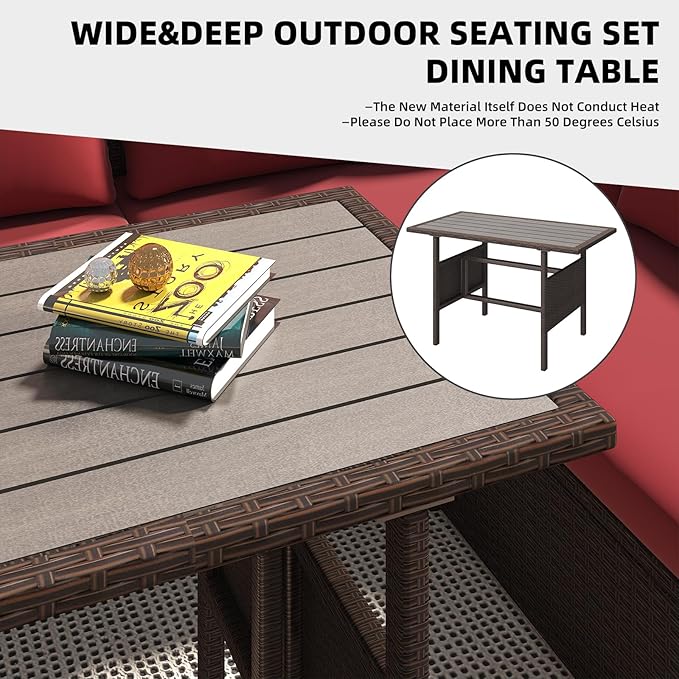 AECOJOY Outdoor Patio Furniture Set with Waterproof Cover, 7 Pieces Clearance Sectional Rattan Dining Table&Chairs, All Weather Wicker Conversation Sofa Couch, Wine Red Cushions&Brown Rattan