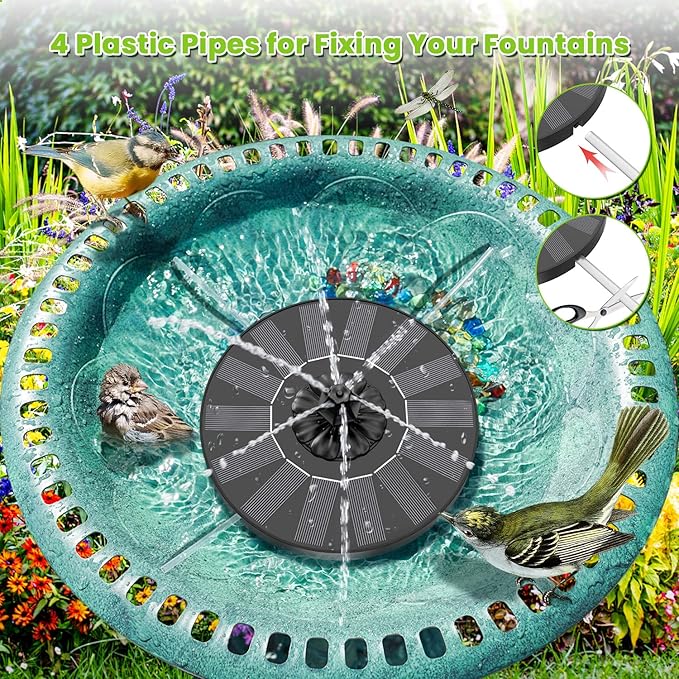 SZMP Solar Fountain 2026 Upgrade, Solar-Powered Bird Bath Fountain with 4 Fixed Rods & 7 Nozzles for Garden, Pond, Pool, and Patio – No Battery Required, Attracts Hummingbirds & Wildlife