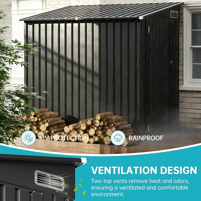 4x6 Lean to Yard Storage Shed, Outdoor Lean to Storage Sheds, Metal Wall Side Bike Shed with Lockable Door for Garden, Backyard, Patio, Lawn (Black, 4x6FT) - Image 3
