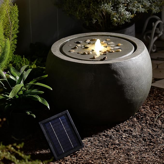 Solar Water Fountain Outdoor Garden Bubbler Large Water Feature Outdoor Fountains Solar Powered with Pebbles for Patio Deck Yard Home Decor Gray, 25 "L X 25" W X 17.5" H