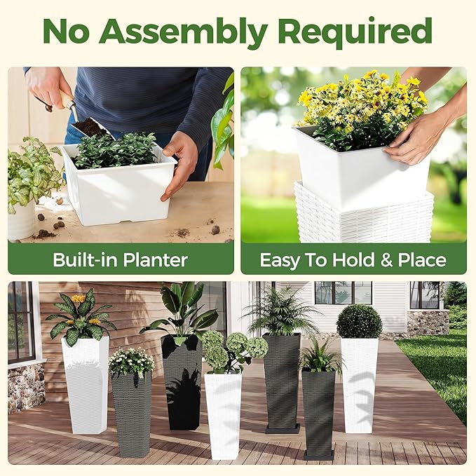 2 Pack Large Planters for Indoor Plants, Outdoor Tall Planter with Drainage Holes, Plant Pots for Trees Flowers, All-Weather Use with Removable Insert Bucket (24inch, 32 inch, White)