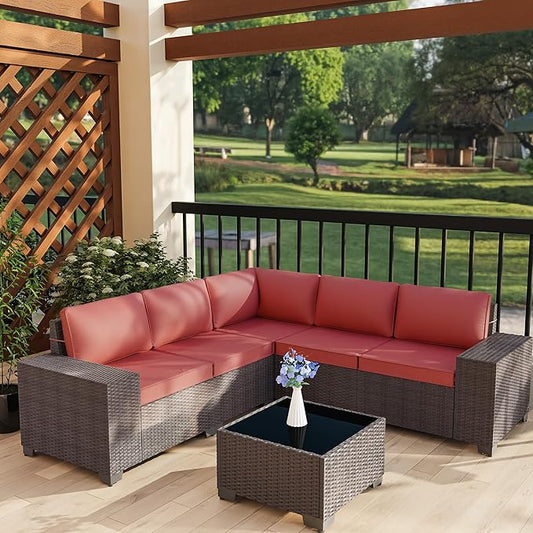 6 PCS Outdoor Patio Furniture Set,Outdoor Sectional Furniture All Weather PE Rattan Wicker Patio Conversation Set with Coffee Table and 5 Thickened Cushions,Red