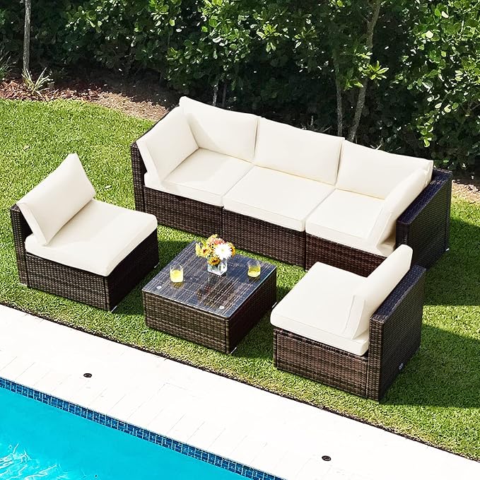 Tangkula 6 Pieces Patio Furniture Set, Outdoor Wicker Conversation Set with Glass Coffee Table, Wicker Sofa Set with Back & Seat Cushions, Rattan Sectional Conversation Set for Backyard Garden