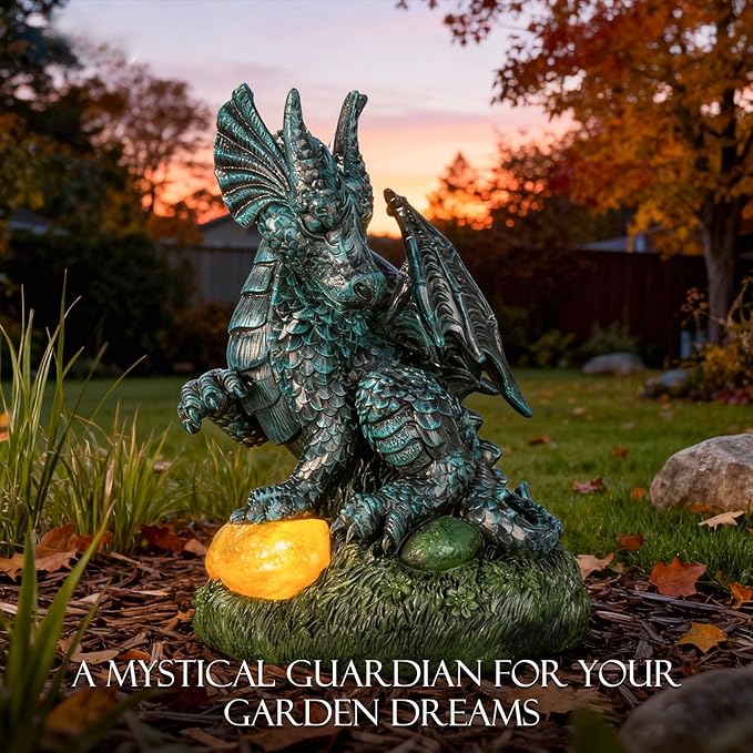 Dragon Statue Outdoor Decor, Porch Dragon Statue with Precious Stone Light - 7.8 inch Lawn Ornaments, Perfect Patio Decor & Yard Decorations Outdoor