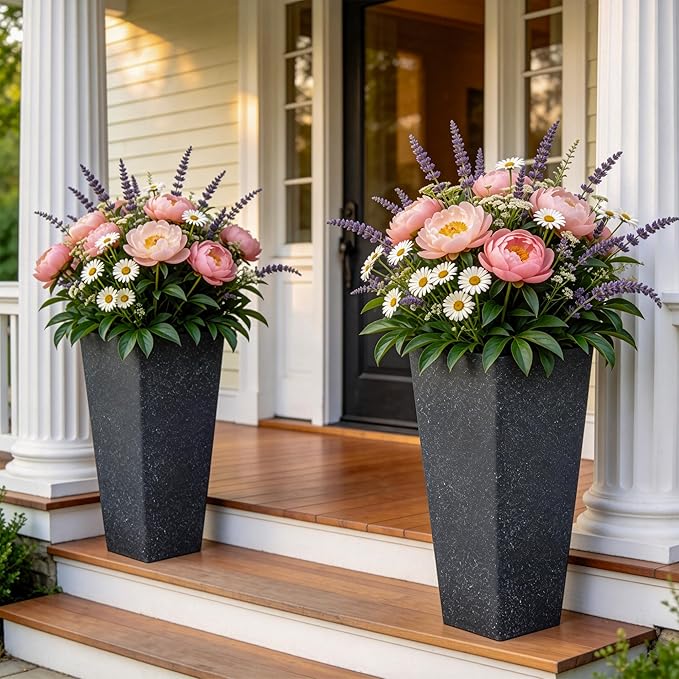 28" Plant Pots Tall Planters for Plants Outdoor Set of 2 Plastic Planter Pot Large Flower Pots Indoor Weather-Resistant for Patio, Porch, Garden, Front Door Christmas Decor Terrazzo Black