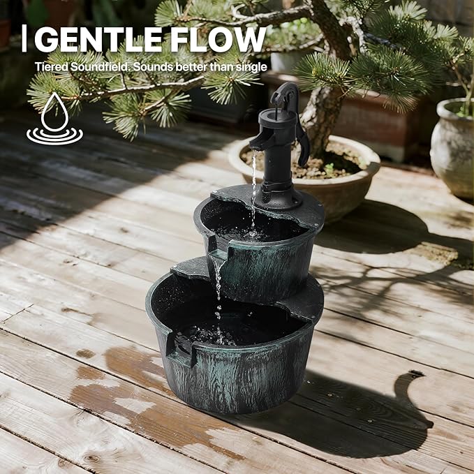 MoNiBloom Outdoor Water Fountains, 27" Tall 2-Tier Barrel and Pump Waterfall Fountain and Pump for Outdoor Patio Garden Backyard Deck, 11L Water Capacity, Green