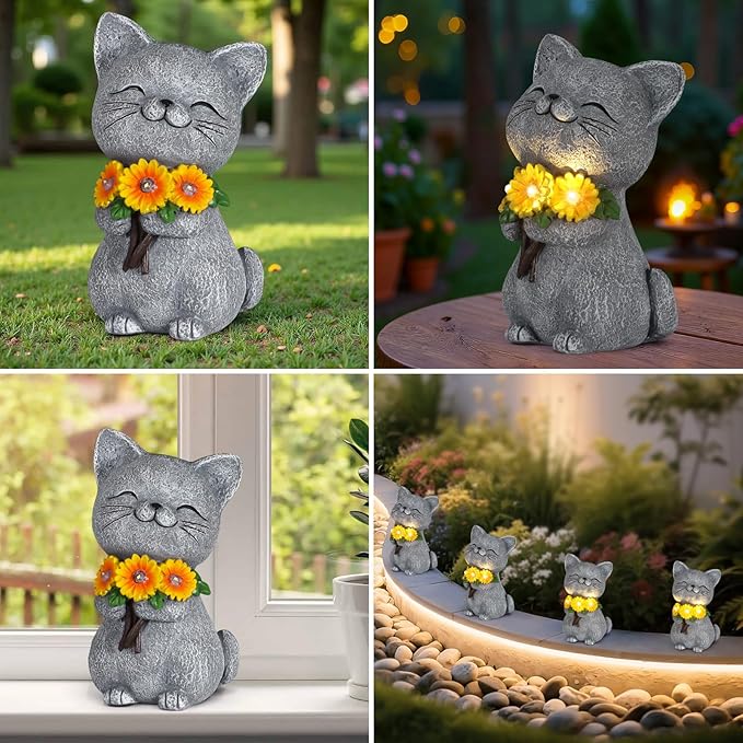 Solar Garden Statues Cat with Daisy and LED Lights Birthday Gifts for Women Mom Grandma Solar Outdoor Cat Decor for Outside,Outdoor Solar Lights for Yard, Garden and Patio, Unique Gift for Women