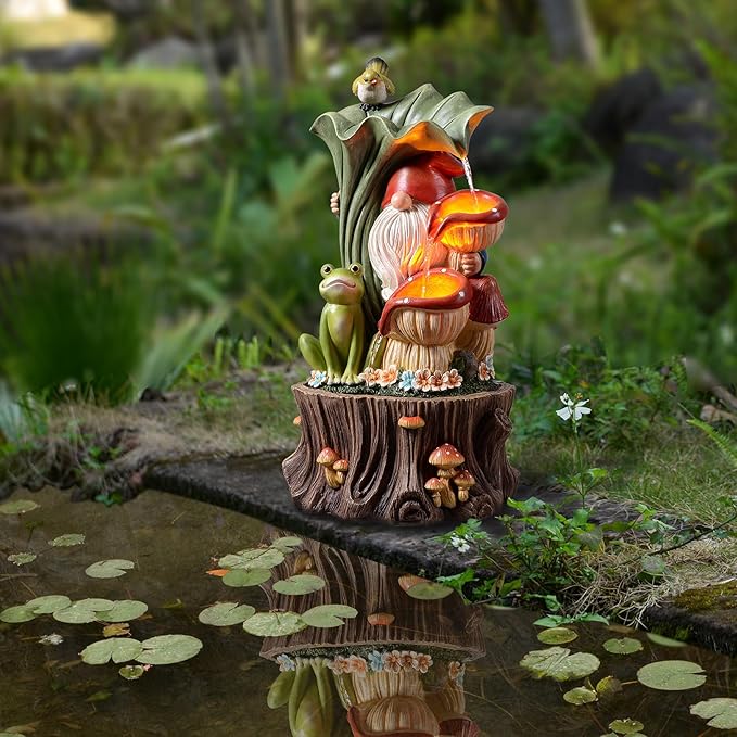 Kalona Gnome Outdoor Waterfall Fountain with LED Lights, Resin Tree Stump Waterfall Fountain for Patio Balcony Yard, 21" Tall Garden Water Feature 25007