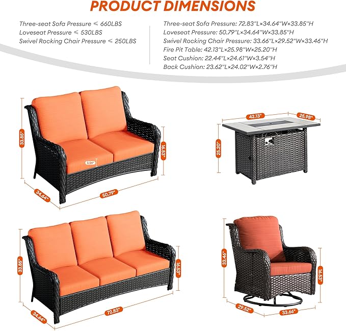 HOOOWOOO Patio Outdoor Furniture with Large Fire Pit Table,High Back 6 Piece Wicker Patio Conversation Set with Swivel Chairs,7 Person Couch Sofa Seating,Orange Red
