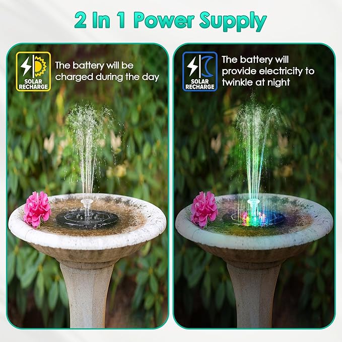 Saillong 2 Pack 5W Solar Bird Bath Fountain Pump with Colorful LED Lights, Battery and Solar Powered Bird Bath Water Fountains with 6 Nozzles, Floating Fountain Pump for Bird Bath Garden, Pond