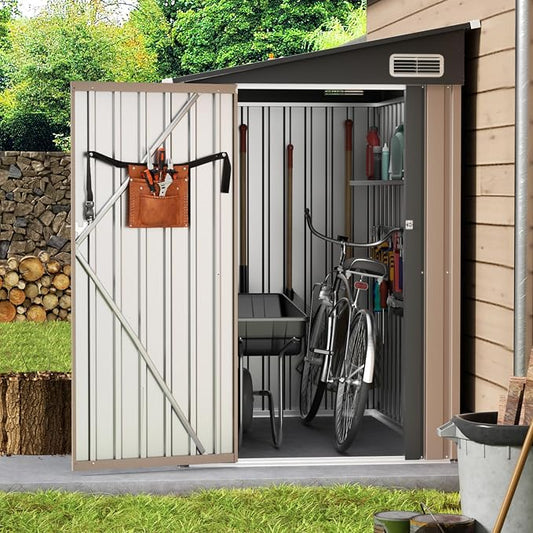 4x6 Lean to Yard Storage Shed, Outdoor Lean to Storage Sheds, Metal Wall Side Bike Shed with Lockable Door for Tool Garden Sheds for Patio Lawn Yard, Brown by Unknown