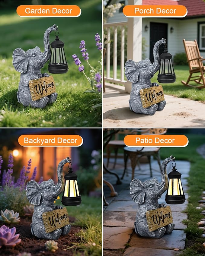 Outdoor Elephant Statues Solar Garden Decor Lights - Elephant Decoration for Garden, Balcony, Patio, Yard, Lawn - Housewarming, Fathers Day, Unique Birthday Gifts for Women Mom Grandma(Black)