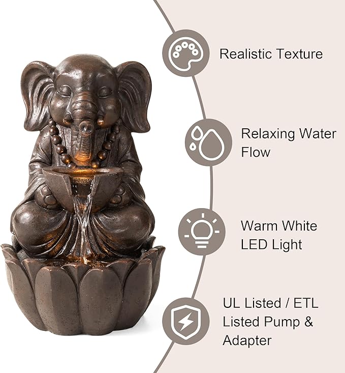 Glitzhome Outdoor Fountains, Water Fountains Outdoor with Lights&Pump, 21.75" H 2-Tiered Zen-Style Bronze Polyresin Elephant Garden Fountain Floor Standing Waterfall for Patio, Porch, or Yard Decor