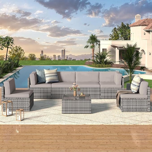 U-MAX 7 Piece Outdoor Patio Furniture Set, PE Rattan Outdoor Wicker Sectional Furniture Chair Set with Cushions and Tea Table, Grey Rattan and Grey Cushion