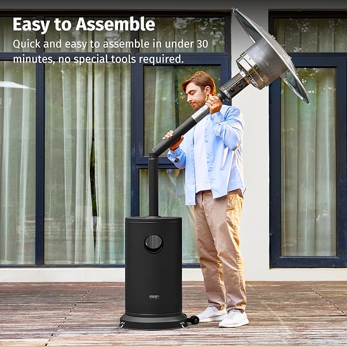 EAST OAK 55,000 BTU Propane Patio Heater with Round Table & Stainless Steel Burner, Outdoor Heater with Wheels, Ideal For Large Patios, Gardens, Outdoor Events, Commercial Use, Black