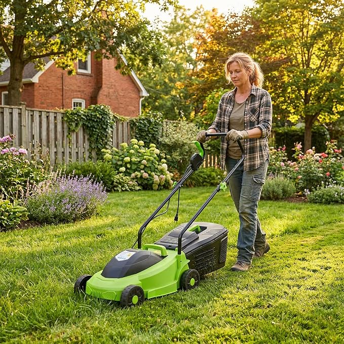‌FDW 13-Inch Electric Corded Push Lawn Mower - 12 Amp Motor, 3-Position Height Adjustment, Dethatcher Function & Grass Collection Box - Image 6