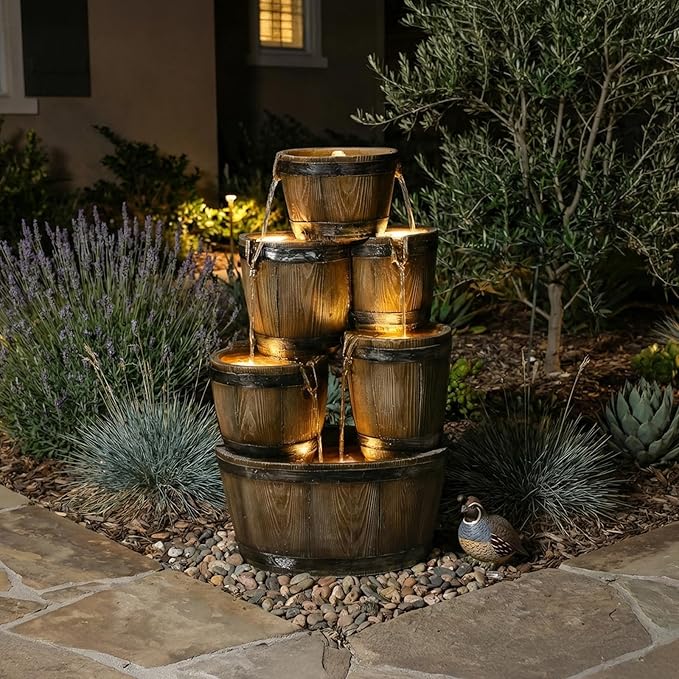24.8" H Outdoor Water Fountain with LED Lights, 4-Tier Cascading Waterfall Fountain, Rustic Wood Barrel Resin Outdoor Water Fountain for Garden Patio Backyard Porch Indoor Decor