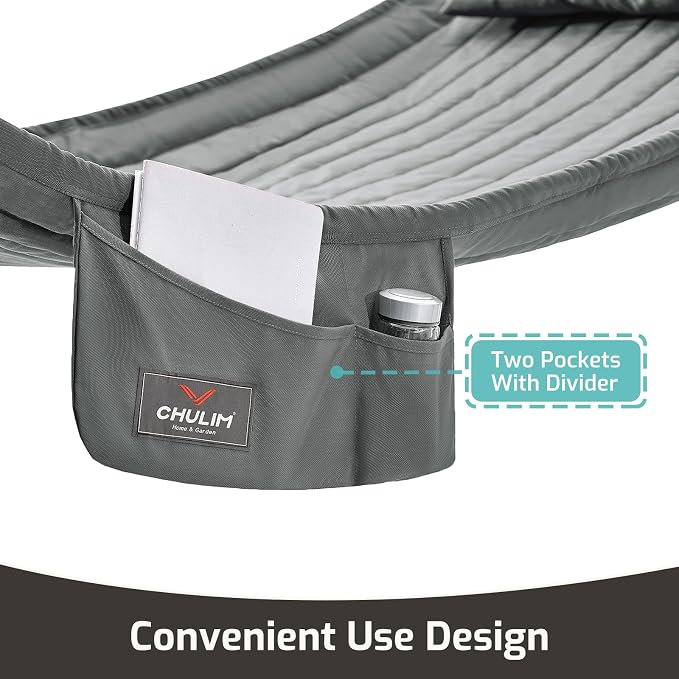 CHULIM Double Quilted Fabric Hammock with Hardwood Spreader Bars and Pillow 450 LBS Capacity 2 Person Large Hammock for Outdoor Patio Backyard Poolside - Dark Grey - Image 3