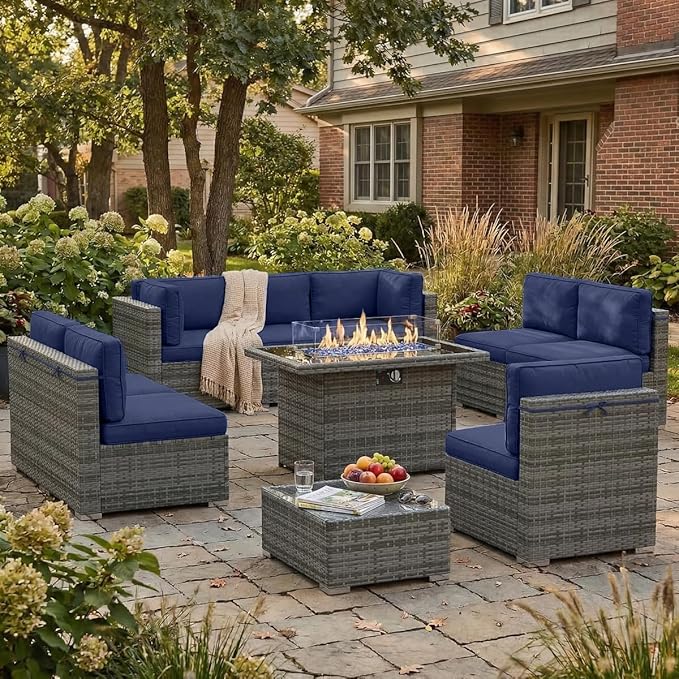 10 Pieces Patio Furniture Set with 44" Propane Gas Fire Pit Table, Outdoor Sectional Wicker Conversation Sofa Sets with Coffee Table