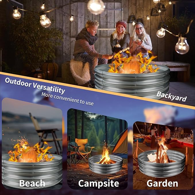 YSEJOMP 36 Inch Round Galvanized Fire Pit Ring/Fire Ring - Foldable and Perfect for Outdoor Gatherings and Campfires in the Yard/Garden/Park/Beach (3 FT Diameter, Silver) - Image 4