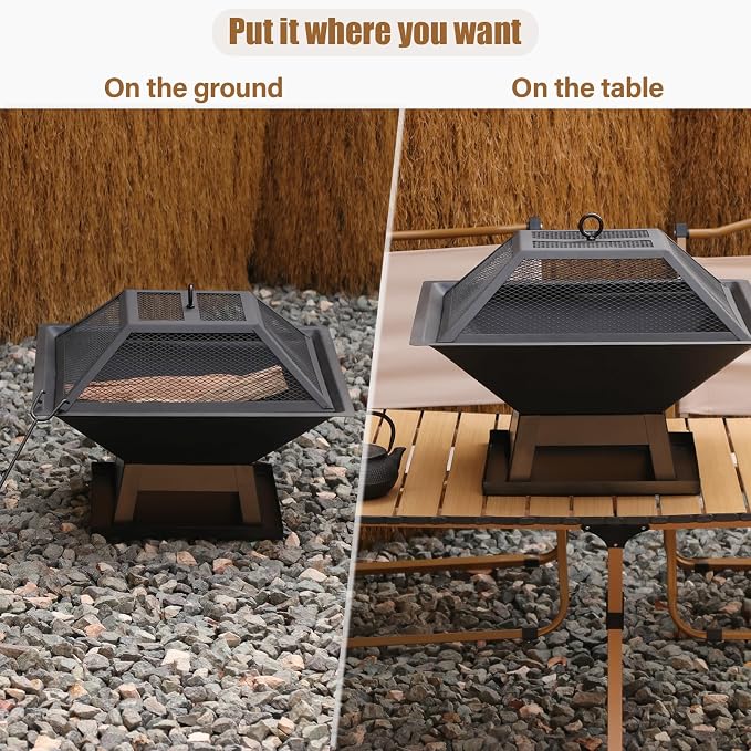 19.8inch Portable Small Fire Pit with a Removable Ash Pan, Fire Poker, Mesh Lid, 2 in 1 Square Outdoor Fireplace for BBQ, Outside Heating, Bonfire Party, Camping, Backyard, Patio, RV Trip - Image 6