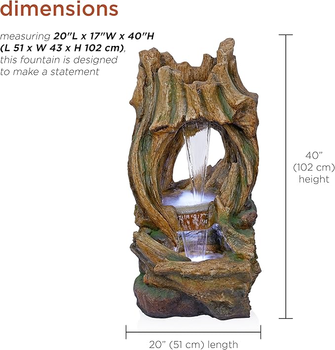 Alpine Corporation 40" Tall Open Tree Trunk Floor Fountain with Cool White LED Lights, Tiered Garden Decor, Brown