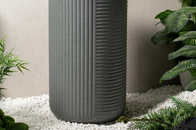 23.22” H Outdoor Water Fountain Made with Eco-Friendly Recyclable Materials, Polyethylene Round Bubbler Water Fountain Outdoor, Garden Decor with LED Light for Patio, Porch, Backyard