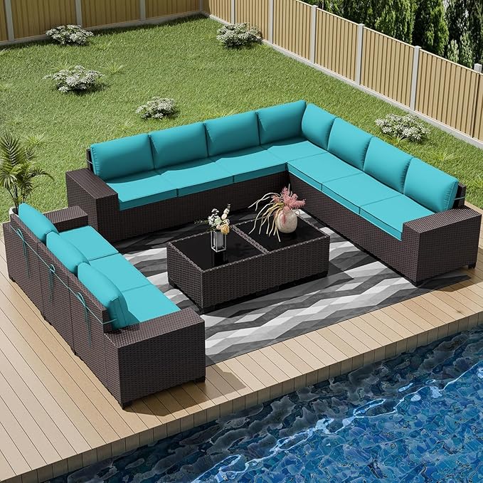 12 PCS Outdoor Patio Furniture Set,Outdoor Sectional Furniture All Weather PE Rattan Wicker Patio Conversation Set with 2 Coffee Tables and 10 Thickened Cushions,Turquoise Blue