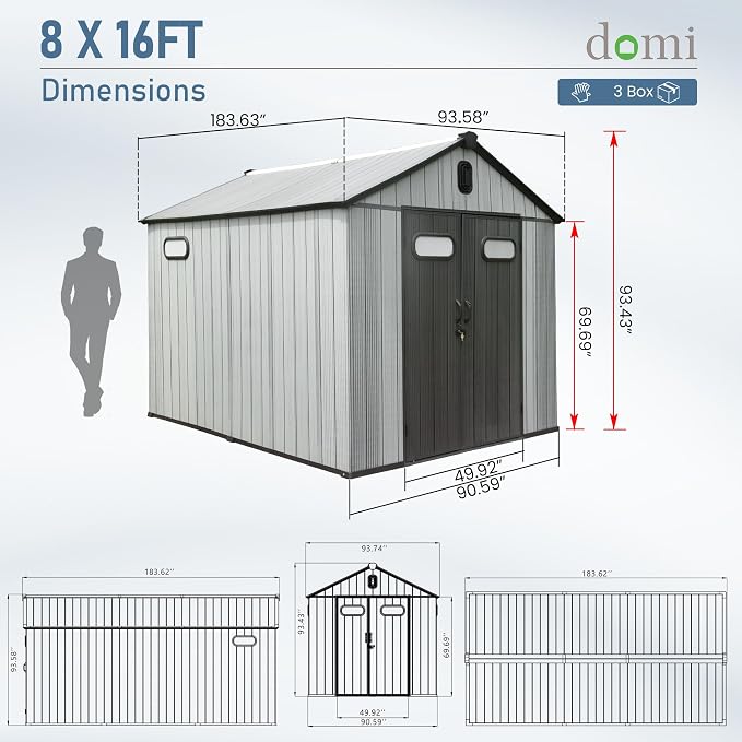 Domi 8x16 FT Outdoor Resin Storage Shed, All-Weather Double-Wall Storage Building with Lockable Doors and Ventilated Roof, Ideal for Lawn Tools, Bikes, Mowers, and Pool Equipment, Grey - Image 2