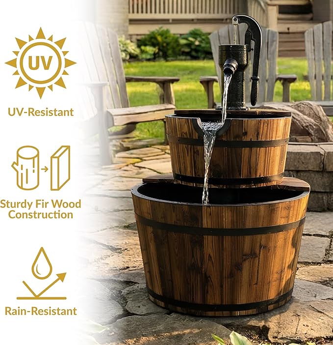 Sunnydaze 2-Tier Wood Barrel Water Fountain - 34-Inch Vintage Water Pump Fountain with Submersible Pump - for Garden, Patio, Decks