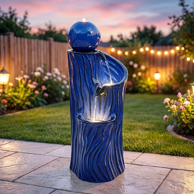 32" H Ceramic Outdoor Water Fountain with LED Lights, 3-Tier Cascading Sphere Water Feature, Tranquil Waterfall for Relaxing Garden, Patio, Yard, or Porch, Cobalt Blue, Dynamic Wave-Texture