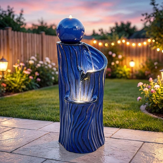 32" H Ceramic Outdoor Water Fountain with LED Lights, 3-Tier Cascading Sphere Water Feature, Tranquil Waterfall for Relaxing Garden, Patio, Yard, or Porch, Cobalt Blue, Dynamic Wave-Texture