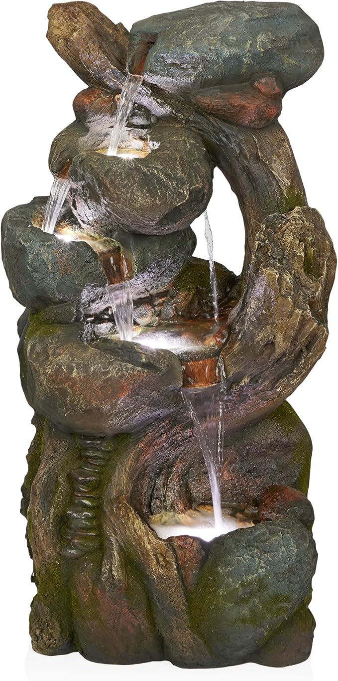 Alpine Corporation WIN1546 Outdoor Floor Rock/Tree Trunk Fountain w/LED Lights, Cascading Garden Water Fountain, 39" H, Gray