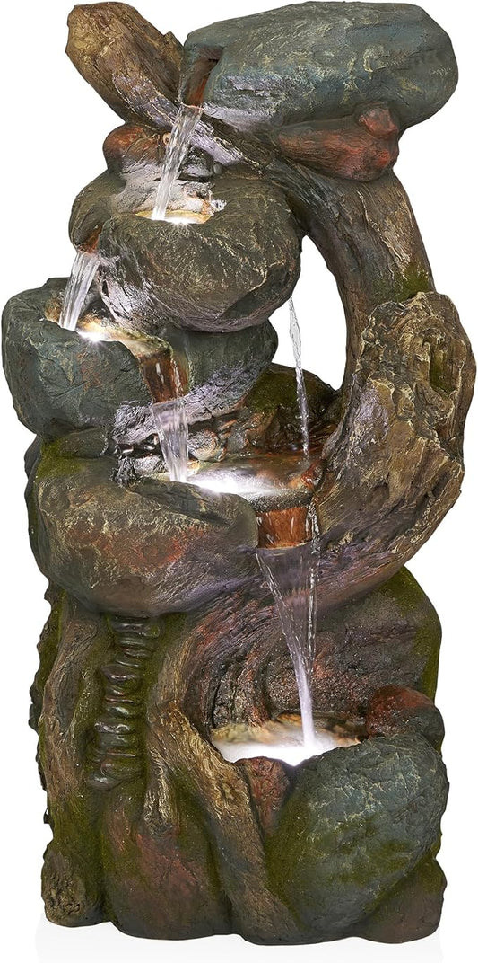 Alpine Corporation WIN1546 Outdoor Floor Rock/Tree Trunk Fountain w/LED Lights, Cascading Garden Water Fountain, 39" H, Gray