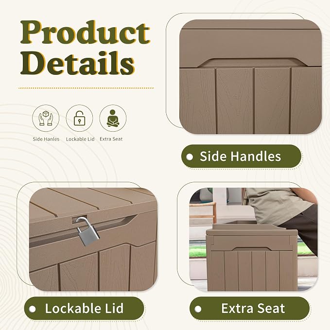 Devoko 31 Gallon Waterproof Outdoor Storage Box Resin Deck Box Lockable and UV Resistant for Patio Furniture,Garden Tools (Light Brown) - Image 5