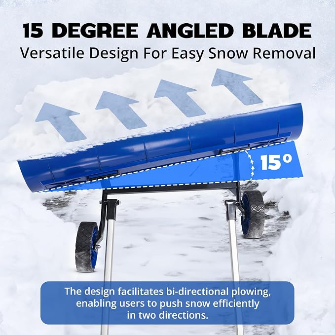 Idzo Efficient Snow Pusher, Snow Plow Shovel with 37-Inch Reversible and Bi-Directional Angled Blade, Snow Shovel with Wheels & Convenient 90 Degree Handle for Driveways, Sidewalks, Ice Hockey Rinks - Image 3