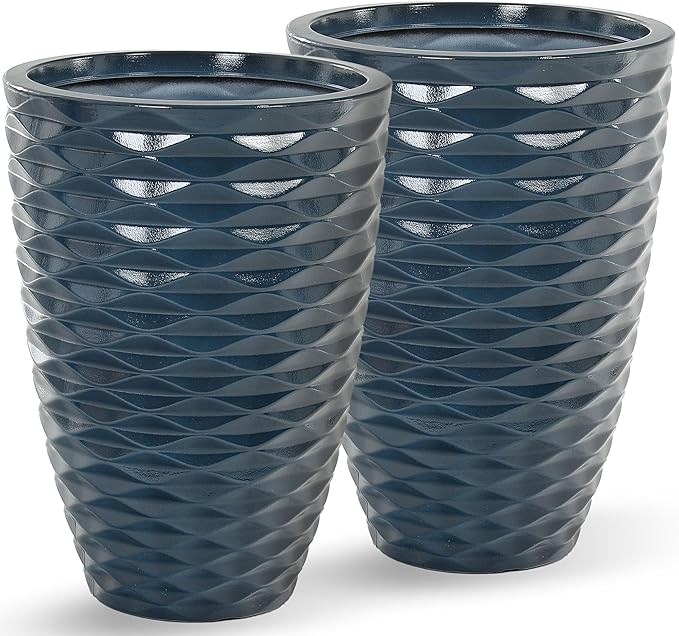 19" H Coastal Planter for Indoor/Outdoor Plants, Set of 2 Large Flower Pot with Drainage Hole, Weather/UV Resistant Resin Planters for Garden Patio Porch Home office Decor, Glossy Navy Blue Wavy