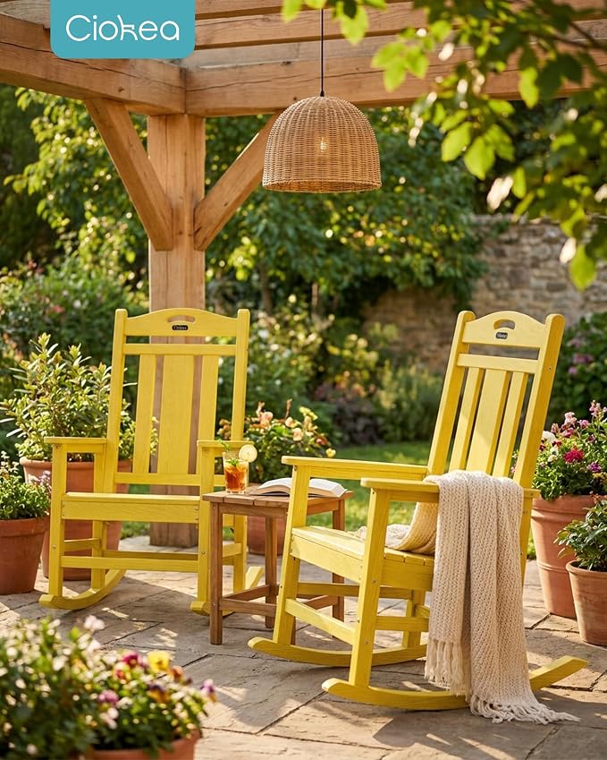 Ciokea Oversized Outdoor Rocking Chair, 380lbs Heavy-Duty Large Patio Rocker, Weather Resistant & Anti-Fade Porch Chair, High Back Cozy Rocking Chair for Outside, Fire Pit, Deck, Garden, Citron Yellow - Image 2