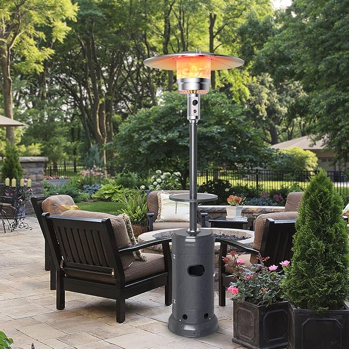 COSTWAY Patio Heater, 50,000 BTU Propane Heater with Drink Shelf Tabletop, Wheels, Simple Ignition System and Base Reservoir, Standing Outdoor Space Heater for Home Residential Commercial (Grey)