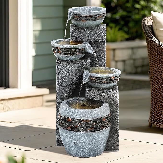 19.5" Tall 4-Tier Pedestal Outdoor Water Fountain with LED Lights and Pump, Relaxing Garden Fountain Waterfall for Patio, Porch, or Yard